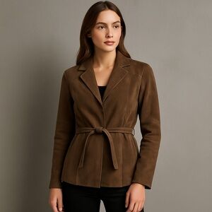 Marcelle Renee Brown Suede Leather Belt Wrap Jacket Womens Medium Notched‎ Lapel